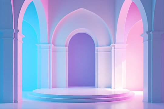 Aesthetic palace interior with classical arches and colorful vibrant lighting. Empty stage podium with columns in modern building for product display. - Powered by Adobe