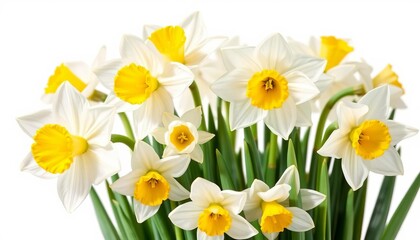 Fototapeta premium Close-up of pristine white narcissus and daffodils, isolated on pure white background, narcissus poeticus, spring