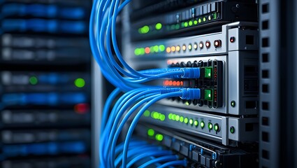 Vibrant blue cables connect to a server rack in a data center