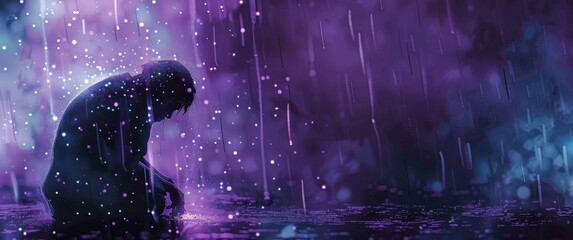 A hunched figure is showered in glowing orbs, an emotional scene painted in dark purple and blue digital noise rain.