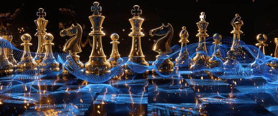 Golden chess pieces, a digital game, flow on glowing blue data streams, reflecting on the futuristic board abstract financial strategy.
