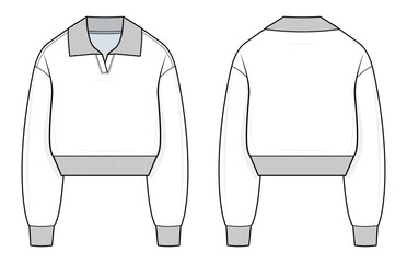 Cropped Rugby Sweatshirt Technical Fashion Illustration. Pullover Sweatshirt Vector Template. Front and Back View. Ribbed Hem and Cuffs. Relaxed Fit. Women’s Casualwear. CAD Mockup Set.