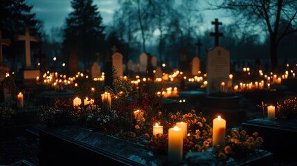 Fototapeta premium Solemn ambiance: A peaceful evening in the cemetery illuminated by glowing candles