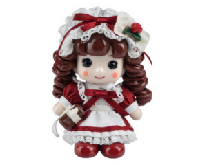 Cute gothic princess doll with curly brown hair, wearing red and white dress, complete with matching bonnet and small handbag. This charming doll is perfect for collectors and adds whimsical touch