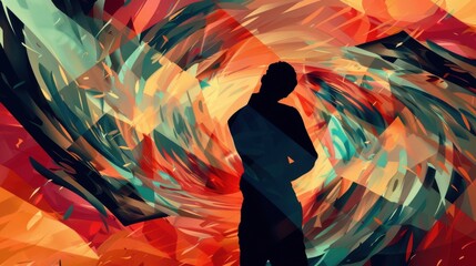 A silhouette stands in an abstract storm of swirling geometric shapes, an emotional scene with protective embrace blur.