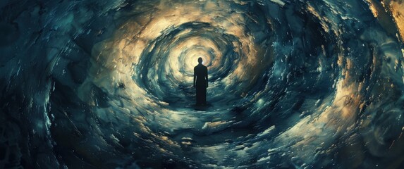 Abstract whirlpool of emotions surrounds a silhouette figure, spiral composition in dark tones noise.