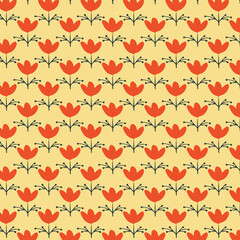 Seamless retro floral pattern featuring red tulip-style flowers on a soft yellow background. Ideal for fabric, wallpaper, gift wrap, and digital designs.