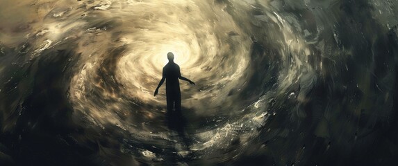 A silhouette stands amidst an abstract whirlpool of swirling dark tones and noise, engulfed by emotions in a spiral composition.