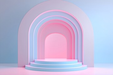 Pastel podium with arch background for product display. Minimalist presentation stage with stepped platform. Geometric mock up for advertising.