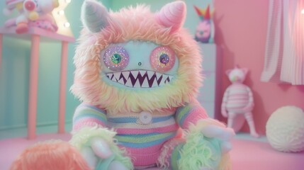 Kawaii pastel monster with zigzag teeth, sparkly eyes, soft fur, striped sweater in a candy room with soft lighting.