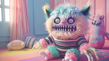 Kawaii pastel monster, zigzag teeth, sparkly eyes, fluffy fur, striped sweater, candy room, soft blur.