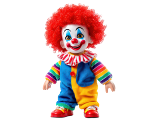Colorful clown doll with bright red curly hair, wearing striped shirt and colorful overalls, stands cheerfully against transparency background. This cute doll evokes sense of joy and playfulness