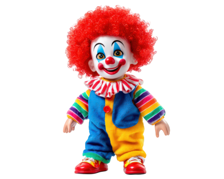 Colorful clown doll with bright red curly hair, wearing striped shirt and colorful overalls, stands cheerfully against transparency background. This cute doll evokes sense of joy and playfulness