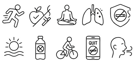 Anti-Tobacco Lifestyle Icons – Outline Vector Set Promoting Healthy Living