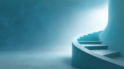 Abstract blue staircase leading upward into bright light space