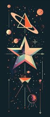 Geometric space featuring an angular cosmic entity with star-shaped edges, clean minimal style shadows and flat approach.