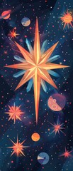 Flat geometric space art features angular cosmic entity with star-shaped edges, planets, clean minimal shadows in dark blue galactic canvas.