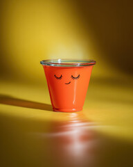 Cheerful orange cup with smiling face on vibrant background