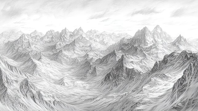 A monochrome vista of snow-capped mountains