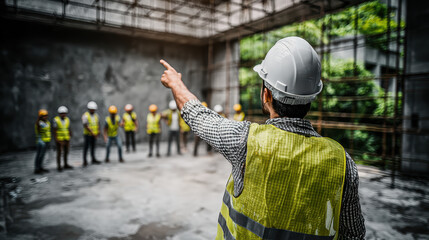 Fototapeta premium Construction supervisor instructing workers at building site confidently