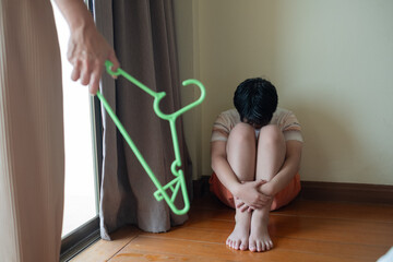 Mother hit her kid, children crying, young boy unhappy
