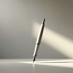 Elegant silver pen standing on white surface with soft natural light emphasizing style and sophistication