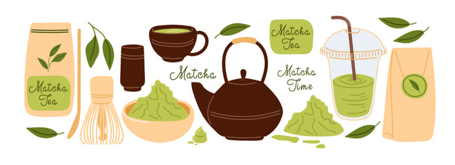 Explore the vibrant world of matcha tea with various preparation tools and drinks