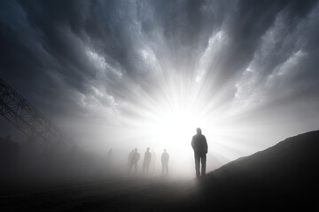 Silhouettes of people walking towards dramatic heavenly light