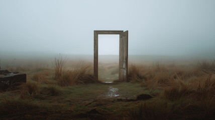 Portal door misty field tilted slightly, soft white mist, reality break theme, mysterious landscape photo