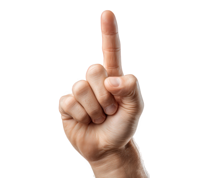 Raised finger gesture symbolizes variety of meanings, such as signaling for attention or indicating point. This captures hand with single finger pointing upwards, showcasing natural skin tone