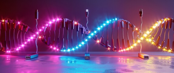 Cyberpunk data DNA cables glow under studio lights Artistic rendering of data transfer in helix form futuristic tech art installation.