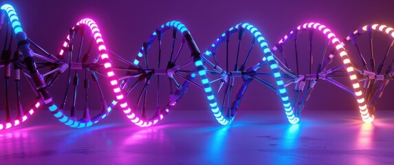 Cyberpunk DNA strand made of glowing USB cables shows data transfer in bright studio light a technological helix in pink, blue and orange.
