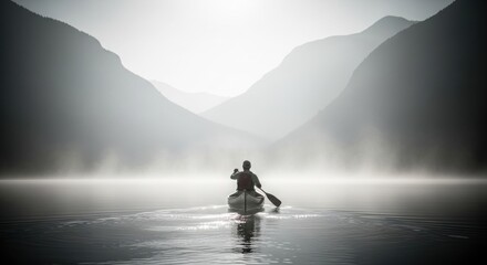 Tranquil Kayaker Navigates Misty Mountain Lake