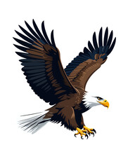 A majestic bald eagle flying through the blue sky, its powerful wings spread in wild freedom