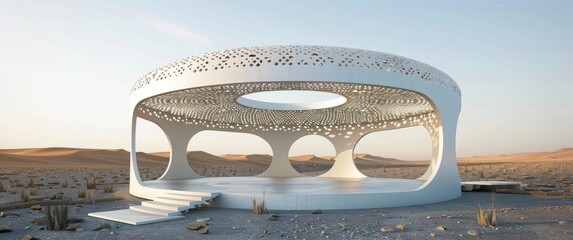 White circular pavilion with perforated dome in a desert landscape, Islamic-inspired contemporary architecture with geometric patterns.