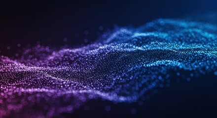 Abstract glowing wave of particles with blue and purple light on a dark background