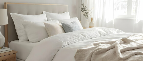 Crisp white bedding with decorative pillows in a sunlit room Frequently used in home decor, Airbnb, and hospitality marketing
