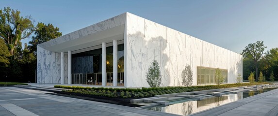 White marble museum facade, rhythmic columns, angular walls, integrated water feature, minimalist landscape design.