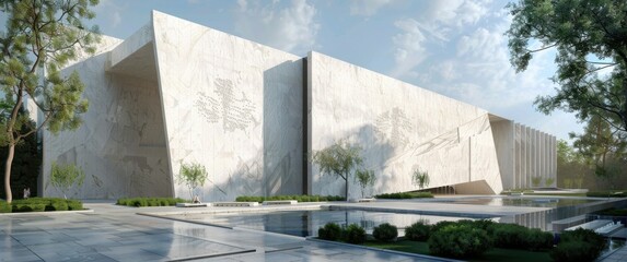 Marble museum facade shows rhythmic columns, angular walls, water features, minimalist landscape design text.