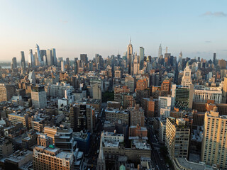 Aerial wide angle skyline of New York City at sunrise, clear sky