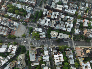 Top down aerial view of New York downtown buildings, city urban grid