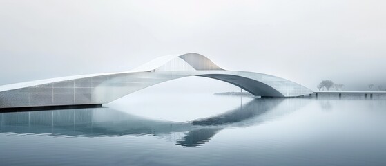Geometric harmony blends with white minimalist bridge architecture in the morning fog water reflection graffiti not visible.