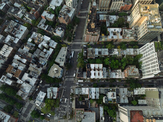 Top down aerial view of New York downtown buildings, city urban grid