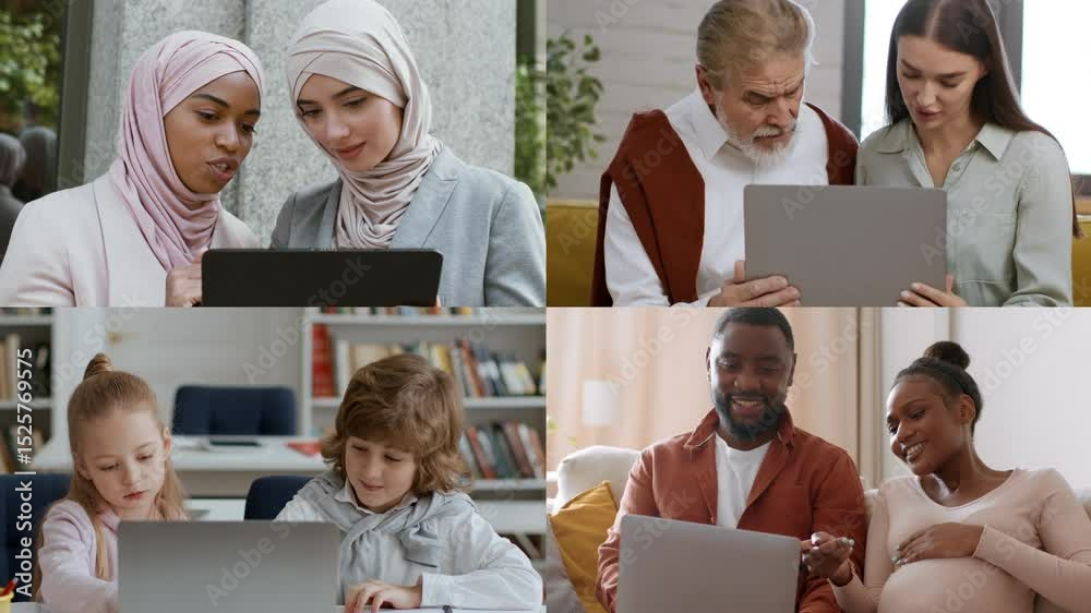 Aufkleber four groups of diverse individuals gather around laptops, engaged in collaborative activities focuse