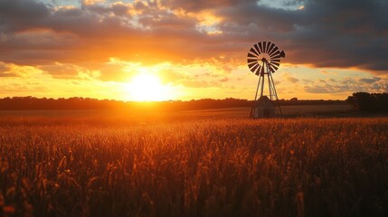 Golden hour bathes a serene wheat field and rustic windmill under a dramatic sky