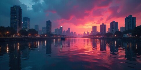 Fototapeta premium Submerged cityscape at twilight, water reflecting urban lights, creating a surreal, almost dreamlike atmosphere The scene evokes feelings of both devastation and beauty , evening, architecture