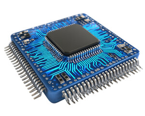 Computer chip with intricate circuitry and blue glow, showcasing advanced technology and design. This highlights complexity and precision of modern electronics, perfect for tech related projects