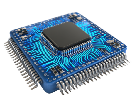 Computer chip with intricate circuitry and blue glow, showcasing advanced technology and design. This highlights complexity and precision of modern electronics, perfect for tech related projects