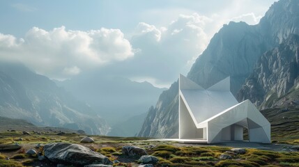 Origami-inspired chapel, sharp planes catch shadows, minimal landscape, mountains loom large in the backdrop.