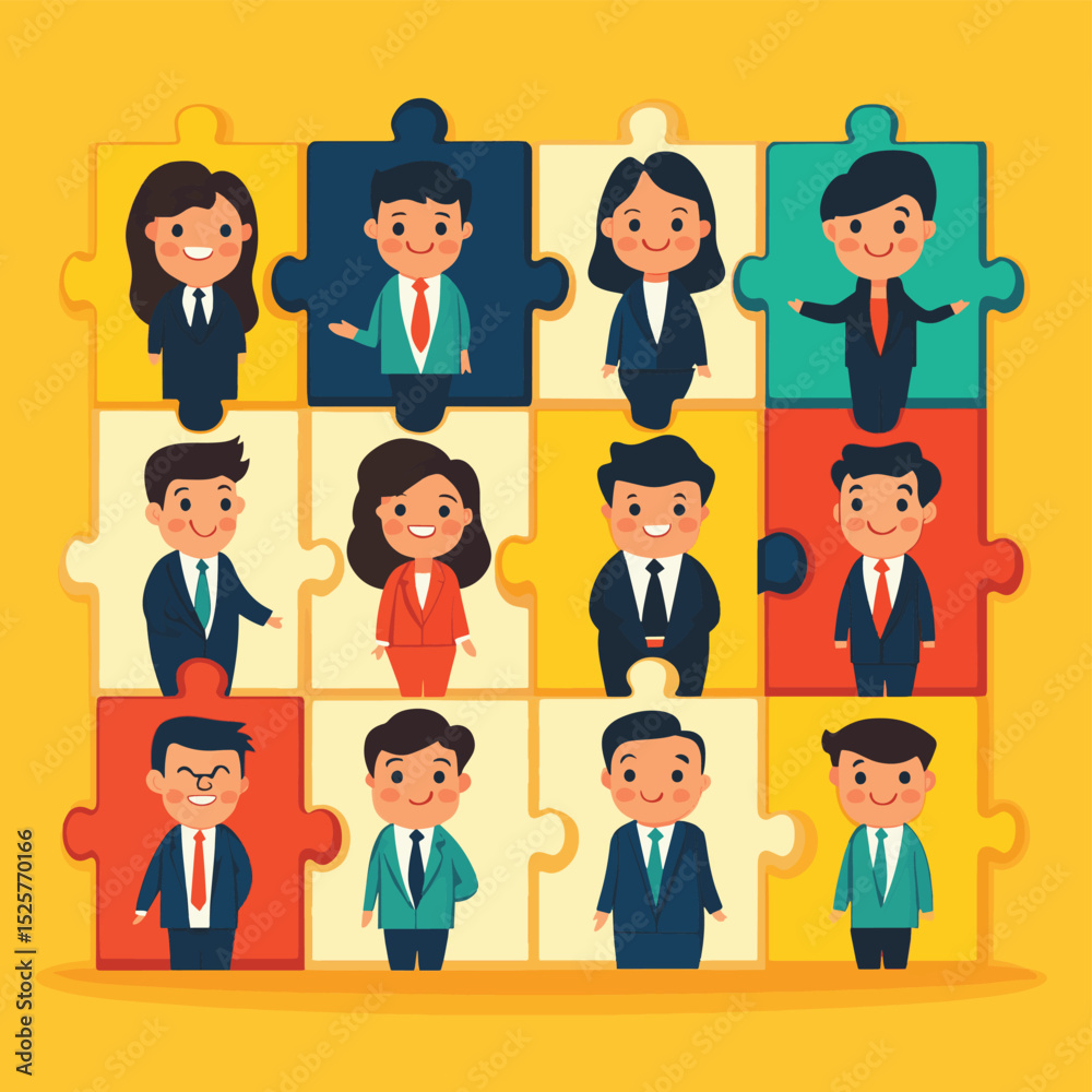 Poster Business Teamwork Concept. Vector illustration in flat style of puzzle pieces with different people in business suits in each, performing various work tasks. Isolated on background